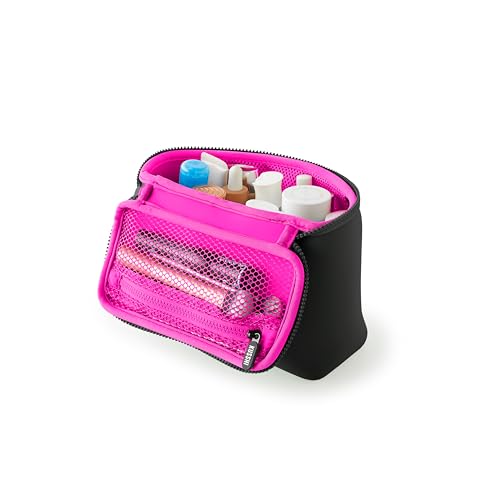 KUSSHI Neoprene Train Case Makeup Bag - Washable Makeup Travel Bag & Vanity Case for Stress Free Travel (Small, Black/Pink) - color: Black/Pink, size: Small