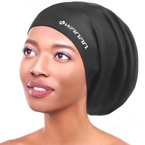 Extra Large Silicone Swim Cap for Long Hair and Protective Styles–Waterproof Swimming Cap for Men and Women with Dreadlocks, Weaves, Extensions, Braids, Curls, and Afros–Keep Hair Dry - color: Black