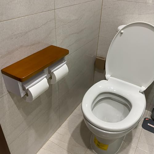 White Double Toilet Paper Holder with Wooden, White Wall Mounted Toilet Paper Holder with Wood Shelf, Bamboo Toilet Paper Holder with Phone Shelf - color: Wood Brown&white, size: Full