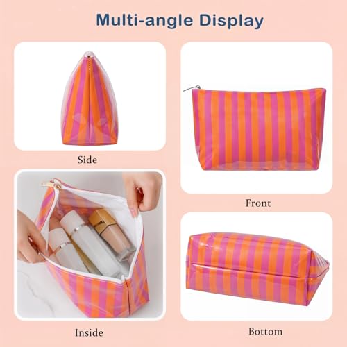 RSRSLEII Large Waterproof Travel Stripe Makeup Bag,Aesthetic PVC Toiletry Bag,Coquette Cosmetic Bag Organizer,Cute Preppy Carry-on Travel Accessories Essentials for Women Girls(03Orange Purple) - color: 03Orange Purple