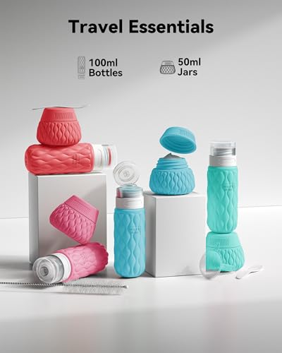 Silicone Travel Bottles for Toiletries 8 Pack Travel Size Toiletries 3.4 oz 1.7 oz, Leakproof Squeeze Travel Size Containers Refillable Cosmetic Jars Set for Shampoo, Conditioner, Creams - color: Tropical Sunset-3.4oz/1.7oz