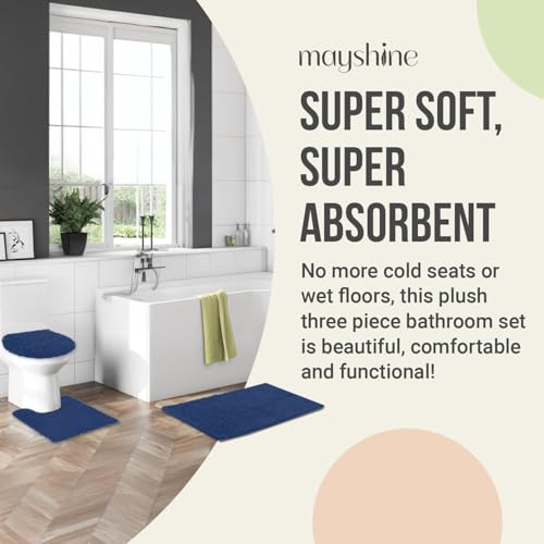 Standard 3pc Set Chenille Bath Mats, Includes 21"x24" U-Shaped Contour Toilet Rug, 21"x34" Inches Bathmat and 1 Toilet Lid Cover, Plush Absorbent Bath Mats Quick Dry, Dark Blue - color: Dark Blue, size: 24"x21", 34"x21" and TLC (Set)