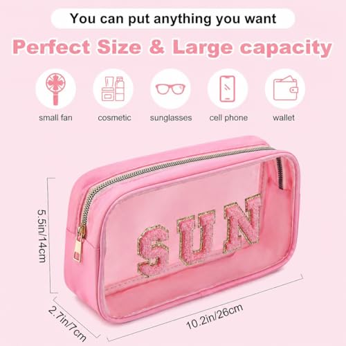 Clear Sunscreen Pink Makeup Bag with SUN Chenille Letter - Beach SPF Cosmetic Organizer, PVC Waterproof Toiletry Pouch for Women, Pool, Travel, Swimming - style: Pink-sun