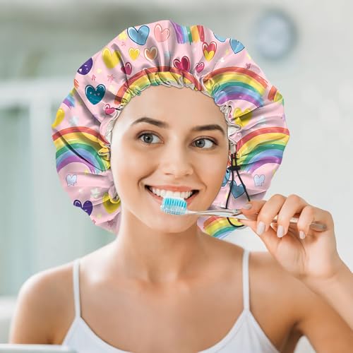 Luxury Shower Cap Silk Satin Lined Waterproof Reusable Adjustable Elastic Dry Hair Bathing Caps Cute for Women Girls-Rainbow - color: C-5-Rainbow