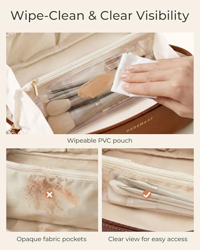 BAGSMART Makeup Bag Travel 3 Pcs Set Cosmetic Bag, Large Make Up Bag Flat Open Toiletry Bag for Women, PU Leather Travel Essentials Organizer Case, Wide-open Pouch for Skincare, Brushes,Classic Brown - color: 31- Classic Brown
