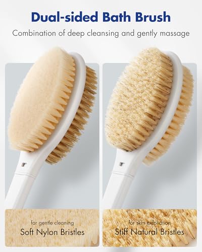 Back Scrubber Body Shower Brush: Anti Slip Long Handle Bath Brush with Stiff and Soft Bristles - Showering Exfoliator Wet or Dry Brushing for Women, Men, Elderly (Blue) - size: Long Handle 18.1 in-Blue