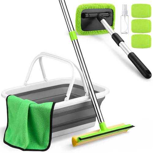 7 Pcs Windshield Car Squeegee and Collapsible Washing Bucket Combo Set 2 in 1 Squeegee Window Cleaner with Long Handle Car Interior Glass Cleaning Tool Reusable Pads Towel Spray Bottle