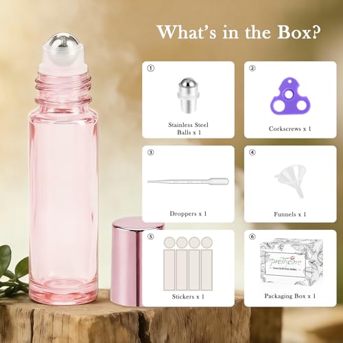 PrettyCare 4 Pack, 10 ml Essential Oil Roller Bottles with Stainless Steel Roller Ball - Refillable Leak-proof Empty Thick Pink Glass Roll on Bottles with Pink Caps for Travel, Perfume - color: Pink with Pink Cap, size: 4 Pack