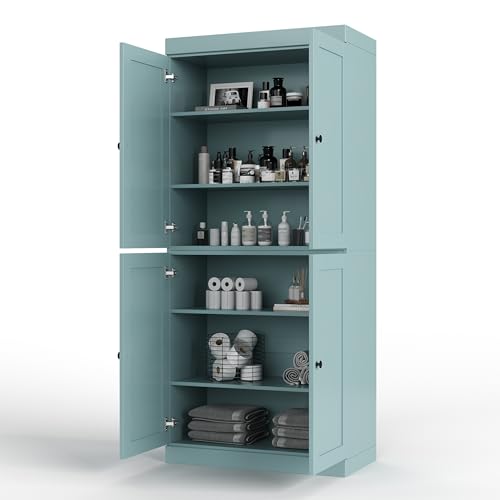 Palace Imports Solid Wood Tall Bathroom Pantry Cabinet with 4 Shaker Doors & Adjustable Shelves, Aqua - 100% Eco-Friendly, Renewable, Space-Saving Storage, 71.5" H x 32" W, Made in Brazil - color: Aqua