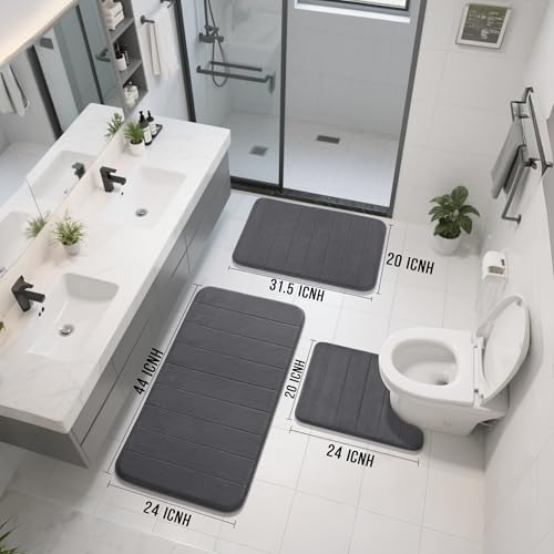 Yimobra 3 Pieces Memory Foam Bath Mat Set with U-Shaped Toilet Rug - Non Slip Super Soft Absorbent Quick Dry Bathroom Rugs for Bathtub, Vanity & Toilet Base, Dark Gray - color: Dark Gray, size: 44''x24'' + 31.5''x20'' + 24''x20''