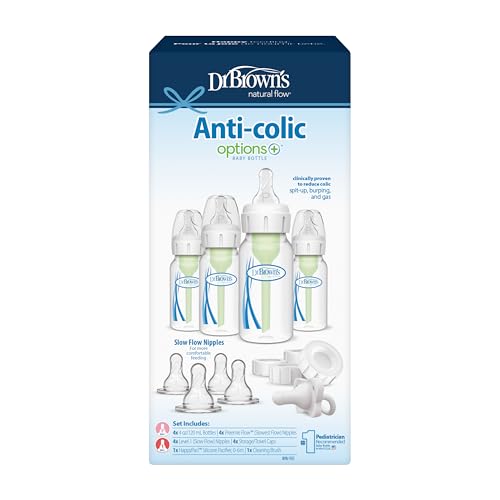 Dr. Brown's Anti-Colic Options+ Narrow Breast to Bottle Pump and Store Feeding Set with Slow Flow Nipples, Baby Bottle Travel Caps and 100% Silicone HappyPaci One-Piece Pacifier - color: Clear