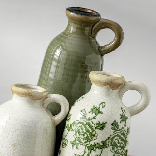 Vintage Vase Set of 3 with Handle, Ceramic Vintage Rustic Vases Home Decor Farmhouse Decorative Vase Pottery Decor Modern for Table Mantel Entryway Bookshelf Living Room Kitchen Bedroom - Green - color: 010 Vase Set - Vintage Green