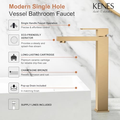 KENES Champagne Bronze Vessel Sink Faucet, Single Handle Tall Bathroom Faucet Single Hole, Bathroom Vanity Faucet with Pop Up Drain and Supply Lines, LJ-9031A-CB - color: Champagne Bronze, size: Tall