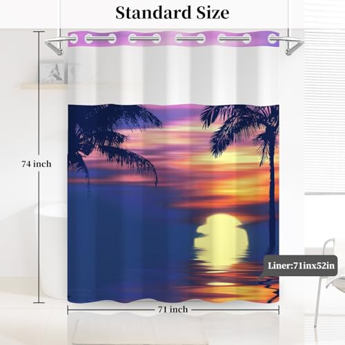 No Hook Tropical Sunset Shower Curtain with Snap in Liner | 71x74 Inches, Beach Scene Shower Curtains for Modern Bathroom, Mesh Top Window Waterproof Washable Fabric - color: Purple Scenery
