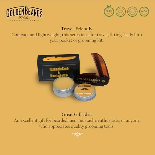 Golden Beards Mustache Wax with GB-77 Folding Comb – Organic & Natural Styling Wax for Men – Strong Hold, Vegan, Cruelty-Free Grooming Kit - style: Folding Comb
