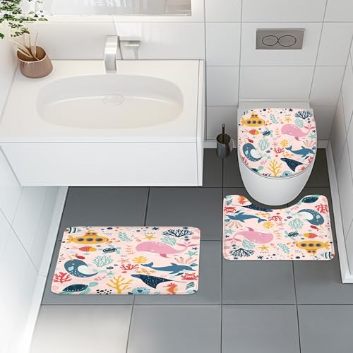 4 PCS Pink Kids Bathroom Set Summer Ocean 72Wx72H Shower Curtain Set Bath Rug Toilet Lid Cover, Nonslip U Shape Mat Whale Funny Cartoon Cute Animal Accessories 12 Hooks Bathroom Decor - color: A 03 Pink, size: 72"W x 72"L (Pack of 4)