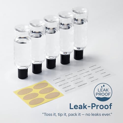 Travel Bottles for Toiletries 3.4 oz TSA Approved - 5 Pack Leak Proof Travel Size Containers, Clear Squeezable Plastic Bottles with Labels for Shampoo Lotion, Flight Cruise Gym Essentials - color: Clear