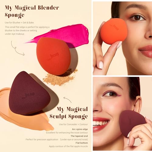 Jessup Face Makeup Brushes with Makeup Sponge, 3pcs Double Ended Makeup Brush for Foundation Contour Blush Highlight and Concealer Brush, Premium Synthetic Brush Set with Gift Box, T510 - style: T510