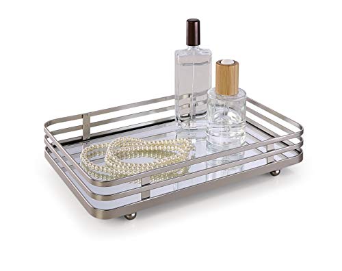 SunnyPoint Classic Decorative Vanity Perfume Dresser Jewelry Organizer Makeup Mirror Tray (Satin Nickel) - color: Satin Nickel, size: 10.4" x 6.7" x 2"