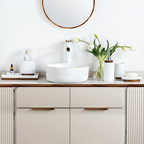 RQYIXI 6Pcs Ceramic Bathroom Accessories Set,Cream White,Embossed Textured | Ceramic & Wooden Bathroom set includes: Soap Dispenser Toothbrush Holder Tray Tumbler Soap Dish Trash Can - color: B-white
