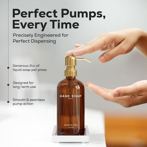 Luxury Glass Soap and Lotion Dispenser Set with Tray by Brighter Barns - Hand Soap Dispenser Bathroom Set w/Stainless Steel Pump - Gold Bathroom Decor for Guest House, Airbnb, Spa, Gift (Amber/Gold) - color: Amber Gold Sl