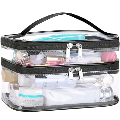 HAOGUAGUA Double Layer Clear Cosmetic Bag Makeup Bag, Waterproof Travel Toiletry Bag, Transparent PVC Pouch Organizer (Black-large) - color: Black-large