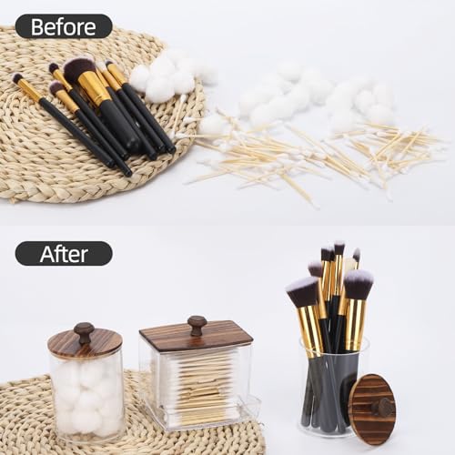 Tbestmax Qtips Holder Bathroom Container, 10oz Big Qtips Dispenser Cotton Ball Holder, Clear Plastic Apothecary Jar Organizer for Storage Cotton Swab, Round Pads, Floss Picks - color: Group C-Brown Wood