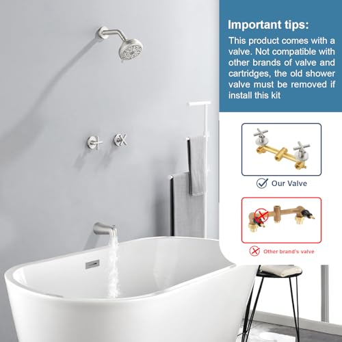 2 Handle Shower Faucet Set with Tub Spout Bathtub Shower Faucet Combo Set Shower System Complete Tub and Shower Trim Kit Brushed Nickel Wall Mounted Shower Fixtures - color: Brushed Nickel