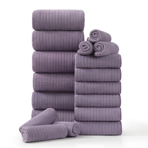 18 Piece Family Bath Towel Set Include 6 Bath Towels,6 Hand Towels and 6 Washcloths Soft Bathroom Towel with Hanging Loops,Highly Absorbent Quick Dry Towels Set for Bathroom,Hotel and Spa-Dark Purple - color: Purple, size: 18-Piece Set