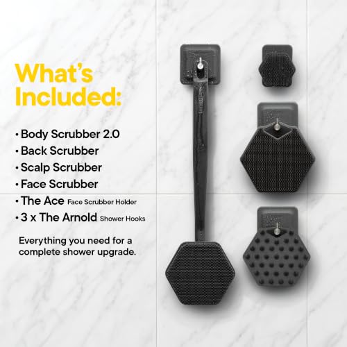 TOOLETRIES The Scrub King Silicone Shower Set - Charcoal | Complete silicone shower set with back, body, face and scalp scrubbers, hooks and storage holder.