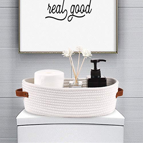 Woven Storage Basket for Toilet Tank Top,Farmhouse Home Decor Organizing Baskets for Bathroom,Table and Counter 13"x5.9"x4" White - color: White