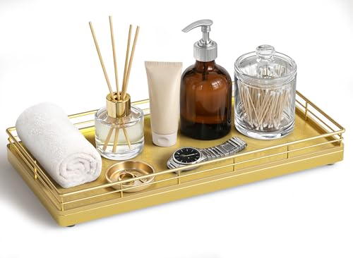 Bathroom Vanity Tray for Countertop, 12" x 6" Oak Wood Toilet Tank Tray | Metal Guardrail, Bathroom Organizer for Soap, Perfume & Skincare, Non-Slip Decorative Tray for Dresser & Vanity, Gold - color: All Golden, size: 12" x 6" x 1.5"
