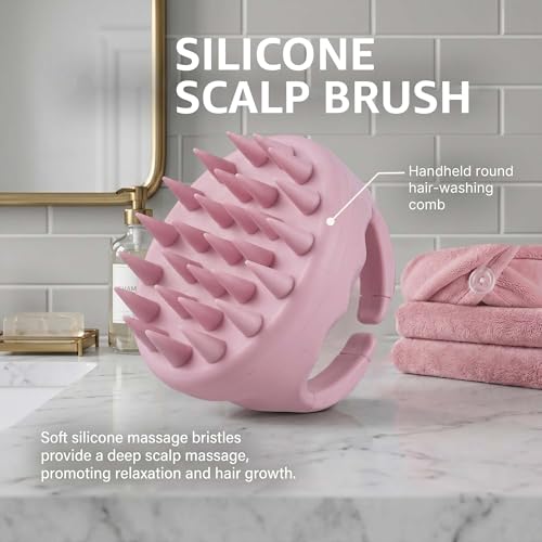 chérie Microfiber Hair Towel Wrap & Silicone Scalp Massager Brush Set - Ultra Absorbent Fast Drying Hair Towel - Anti Frizz Wet Hair Wrap & Soft Silicone Scalp Scrubber for All Hair Types - (Pink)