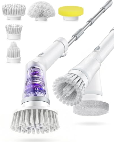5-Head Electric Spin Scrubber, Shower Brush, Extension Handle | cordless power scrubber, adjustable reach, two speed control, IPX7 waterproof, bathroom floor, tile grout, tub edges, shower - size: 5heads