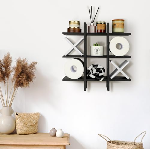 Weysat Tic Tac Toe Toilet Paper Holder Stand Bathroom Wall Decor Rustic Wooden Hanging Storage Freestanding Wall Mounted Shelves Decor for Toilet Tissue Farmhouse - color: Black, White