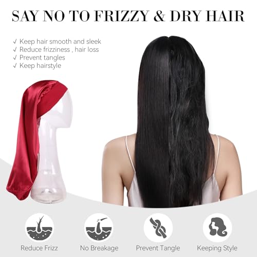 Bonnet for Long Hair- Hair Nets for Sleeping Set Shower Cap for Braids Anti Frizz Reusable Soft Elastic Band Mesh Wrap For Black Hair For Curly, Braids Hair (black net, burgundy bonnet) - color: Black Net, Burgundy Bonnet