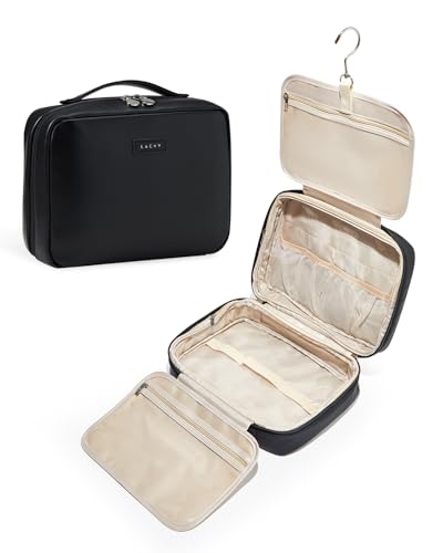 EACHY Travel Toiletry Bag with Hanging Hook, Portable Makeup Cosmetic Bags for Women, Water-Resistant Full-Size Travel Accessories (Black) - color: A-Black