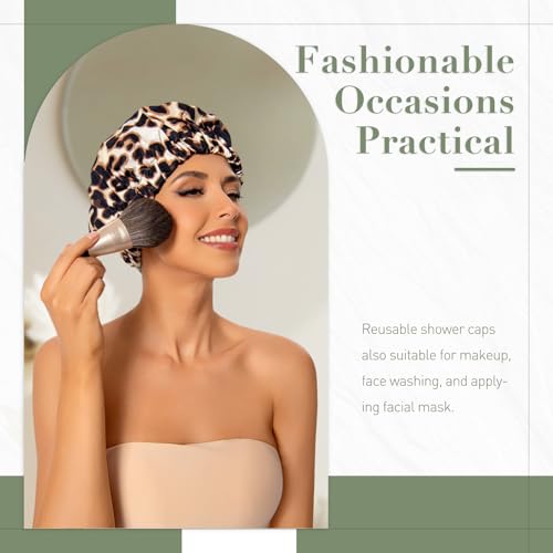 Edoneery Reusable Shower Caps for Women, Waterproof Long Hair Bonnet | Washable Design, Wide Elastic Band, Large Fit, Holds Long Hair, Braids Friendly, Bath Accessories, Spa, Travel - color: Brown Leopard