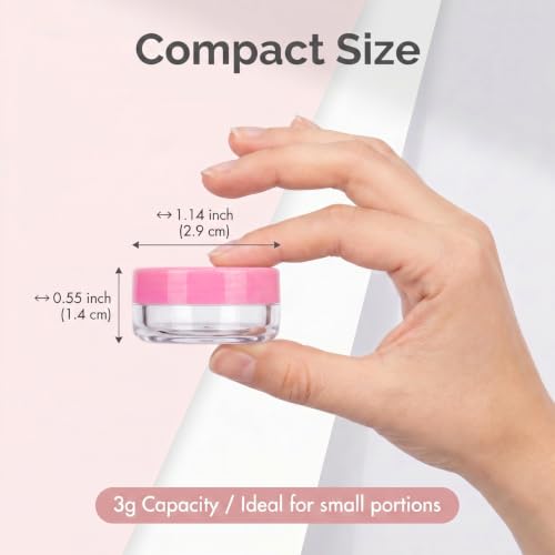 3 Gram Sample Jars with Lids, 25 Count Mini Cosmetic Containers - Makeup Travel Containers with Labels, Tiny Disposable Spatulas - color: Pink