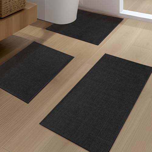 YIHOUSE Black Bathroom Rug Set, 3 Piece, Non Slip, Quick Dry, Thin Bath Mat for Bathroom and Kitchen - color: Black, size: 3 Piece (17"x24" + 17.5"x24"U + 17"x32")