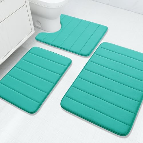 Buganda Memory Foam 3 Pieces Bathroom Rugs Set - Thick Soft Absorbent Bath Mats, Washable Small/Large/Contour Bath Rugs (24" x 16" + 30" x 20" + 24" x 20", Peacock Green) - color: Peacock Green, size: 24" X 16" + 30" X 20" + 24" X 20"