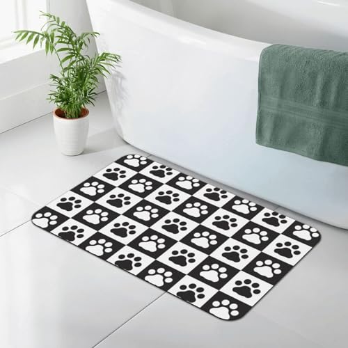 Black and White Dog Paws Bath Mat Rugs 15.7x23.6 in, Pet Footprints Checkered Diatomaceous Earth Bathroom Rug Rubber Non-Slip Absorbent Bathroom Mat for Tub Shower Sink - color: Paws #02