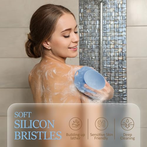 Soft Silicone Body Scrubber, Gentle Like a Hand Exfoliating Your Skin and Build Up Lather Easily, Back Large Suction Cup Easy to Store, Long-Lasting & Deep Clean (Blue) - color: Blue