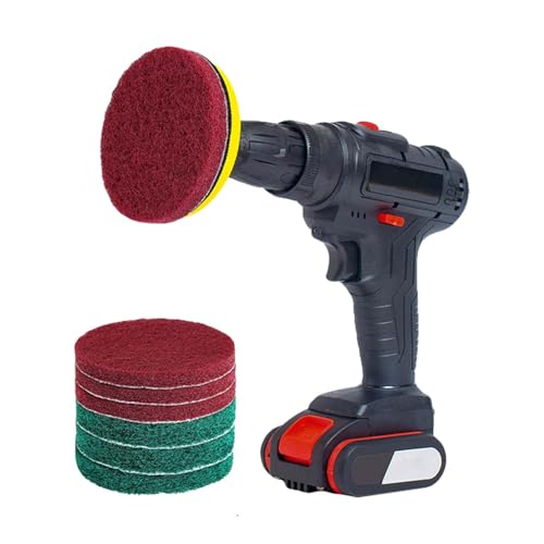 4 Inch Drill Powered Brush Tile Scrubber Scouring Pads,6 Scrubbing Pads with 4 Inch Pad Holder,1Quick Change Hex Shaft for Kitchen Bathroom Grout Tub Grill Cleans Large Flat Areas