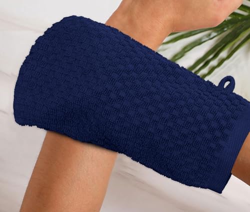 COTTON CRAFT Bath Mitt - 6 Pack Euro Spa Waffle 100% Cotton Towel Mitts | Large 5.5x10 inches Navy Exfoliating Gloves - Sensitive Skin Friendly - Body Bath Shower Glove Washcloth with Hanging Loop - color: Navy - Bath Mitt