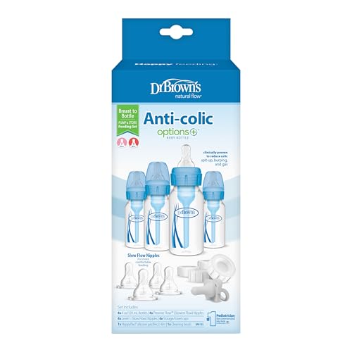 Dr. Brown’s Natural Flow Anti-Colic Options+ Narrow Breast to Bottle Pump & Store Feeding Set with Slow Flow Nipples, Baby Bottle Travel Caps and 100% Silicone HappyPaci One-Piece Pacifier, Blue - color: Blue