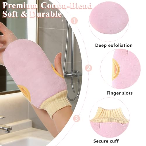 Exfoliating Glove and Back Scrubber for Shower - 3-Piece Exfoliating Mitt Set with Bath Sponge - Deep Skin Cleansing Body Scrubber for Dead Skin Removal, Self-Tan (Pink) - color: Pink