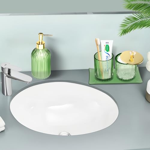 Haturi Bathroom Accessories Set, 4 Pcs Green Glass Bathroom Accessory Set Complete w/Lotion Soap Dispenser, Toothbrush Holder, Qtip Holder, Vanity Tray, Gold Bathroom Decor, Gift for Home Apartment - style: Light Green
