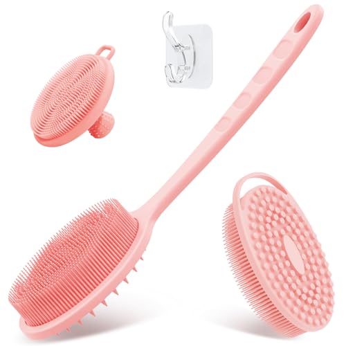 Silicone Back & Body & Face Scrubber Set 3PCS, Gentle Exfoliating Back & Body Scrubber with Dual-Side Brush Head, Hygienic Silicone Loofahs with Soft Bristle and Non-Slip Handle(Pink-3PC) - color: Pink*3