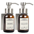 2Pack 8.5oz Brown Glass Bathroom Shampoo Dispenser, Silver Mount | Drill or no-drill setup with screws & adhesive patches; leakproof conditioner pumps for shower or RV. - color: Silver Set of 2